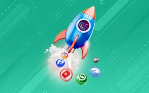 Cohete impulsando una estrategia de marketing digital 360 con iconos de redes sociales como Instagram Facebook y Youtube para crecimiento de marca