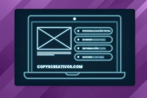 Radiografía de diseño web en laptop mostrando los 4 pilares de Copys Creativos: personalización total, dominio memorable, información clara y hosting confiable