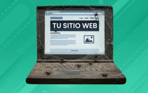 Laptop vieja llena de telarañas que ilustra un sitio web obsoleto y descuidado que no vende